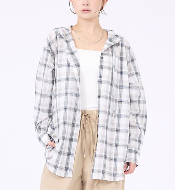 abahouse mavie「【シアー素材】チェックフードシャツ/春服/夏服/ゆったり/羽織り」|シャツ・ブラウス|ホワイト