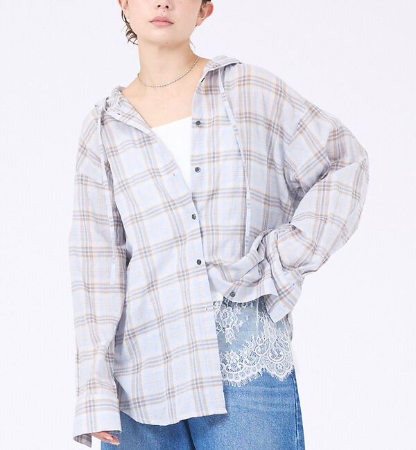 abahouse mavie「【シアー素材】チェックフードシャツ/春服/夏服/ゆったり/羽織り」|シャツ・ブラウス|サックスブルー