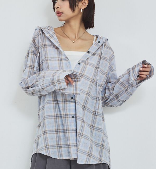 abahouse mavie「【シアー素材】チェックフードシャツ/春服/夏服/ゆったり/羽織り」|シャツ・ブラウス|