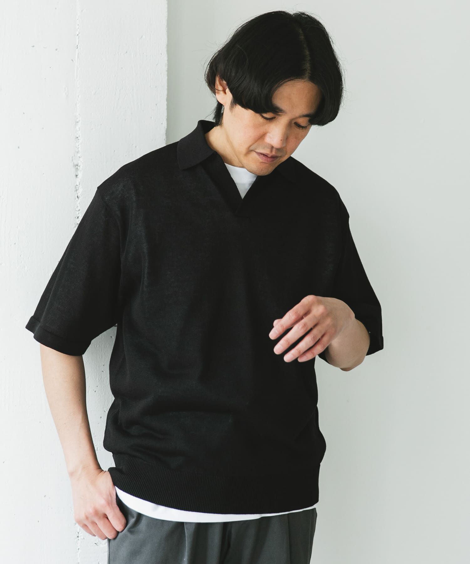 URBAN RESEARCH DOORS「リネン混ハイゲージ スキッパーニットポロシャツ」|ポロシャツ|