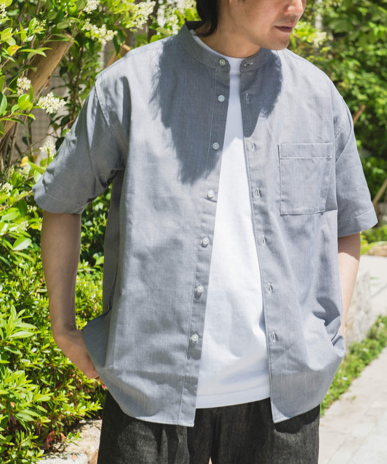 URBAN RESEARCH DOORS「TC バンドカラー ショートスリーブシャツ」|シャツ・ブラウス|ブラック系その他