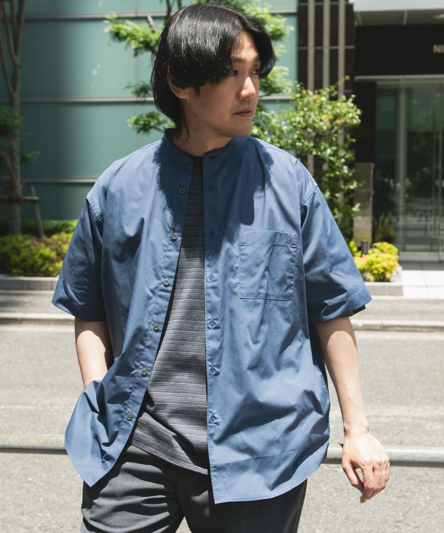 URBAN RESEARCH DOORS「TC バンドカラー ショートスリーブシャツ」|シャツ・ブラウス|ネイビー