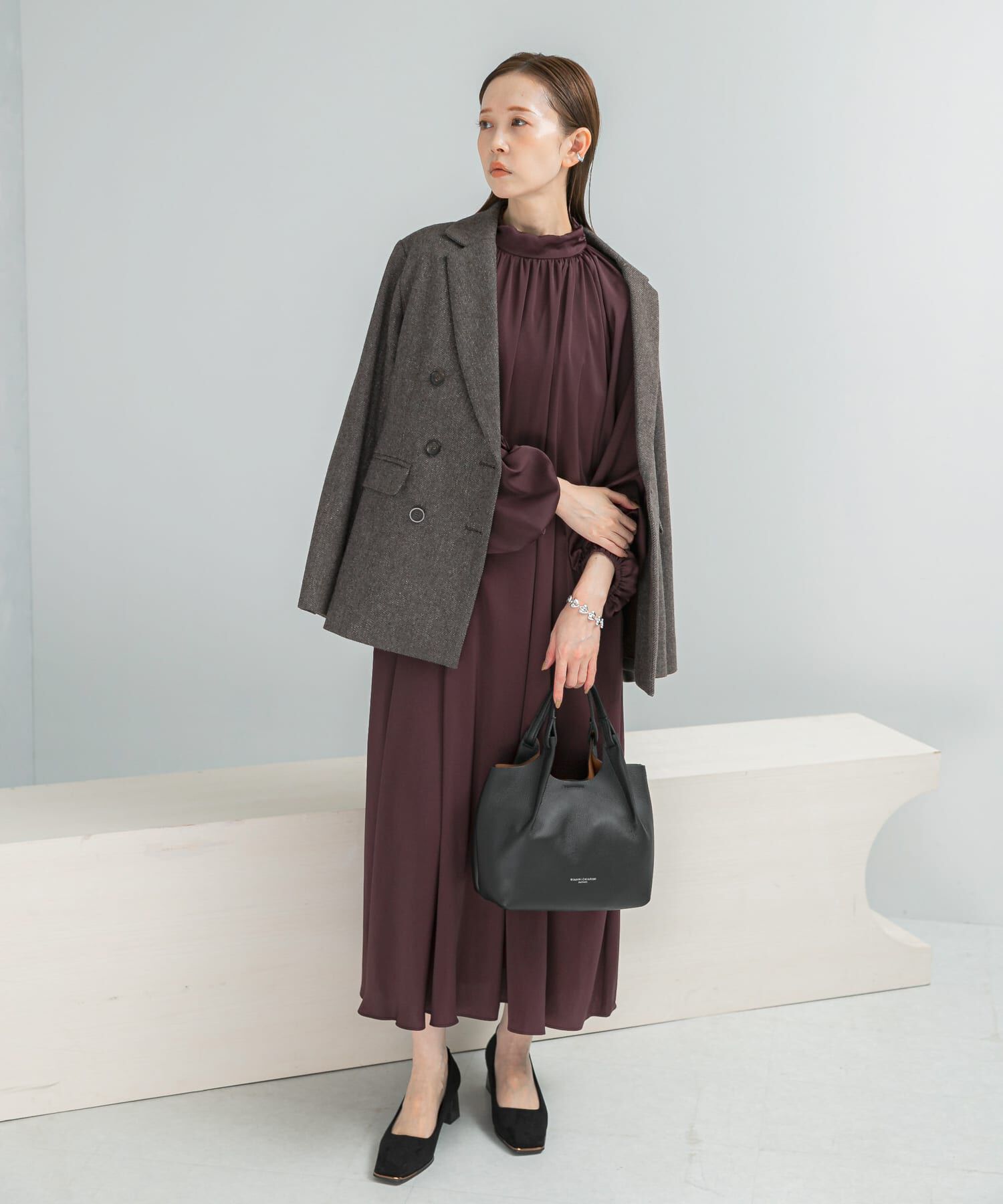 URBAN RESEARCH ROSSO「ハイネックギャザーサテンドレス」|ワンピース|