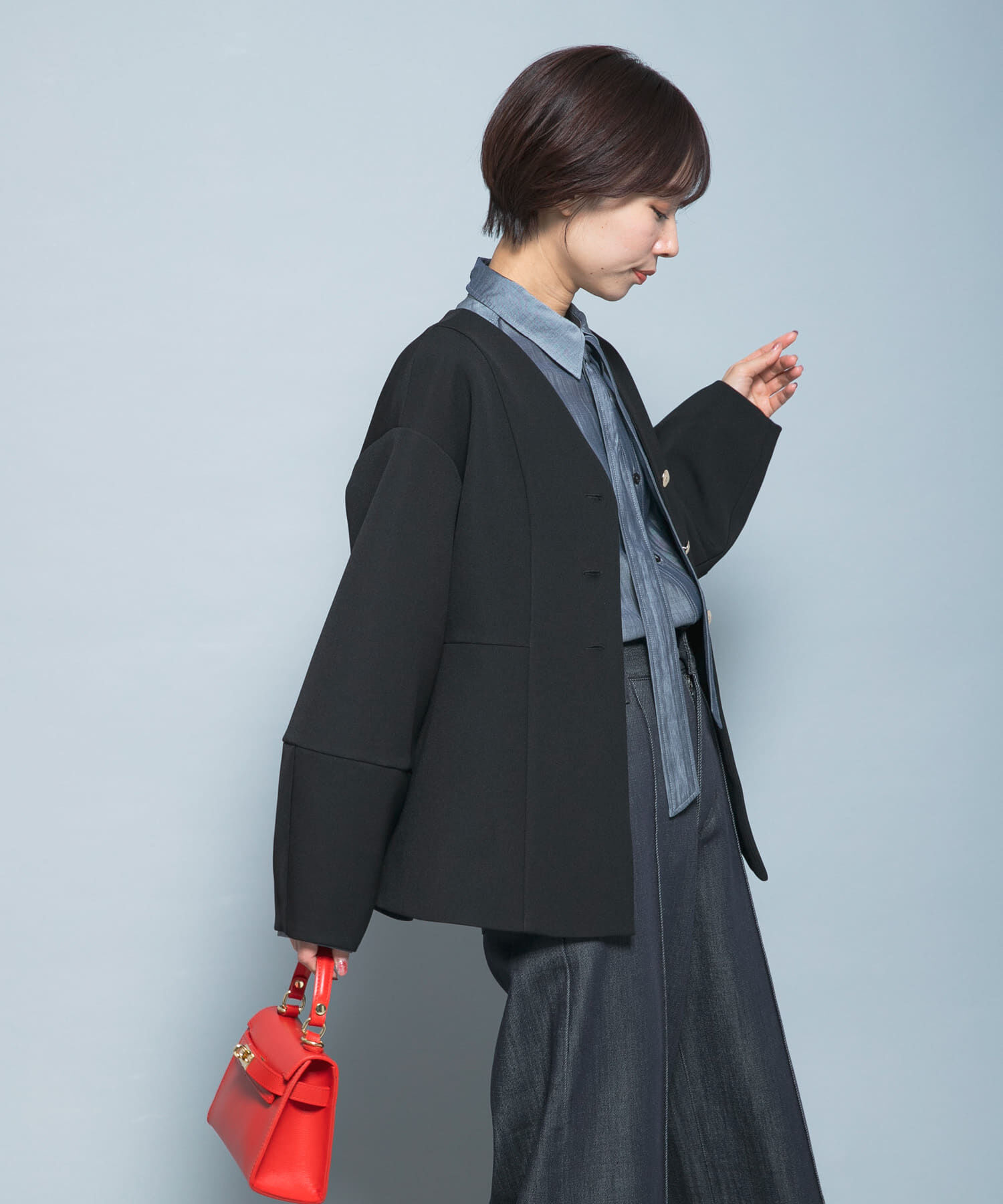 URBAN RESEARCH ROSSO「『WEB限定』デザインボタンペプラムツイルジャケット」|ノーカラージャケット|