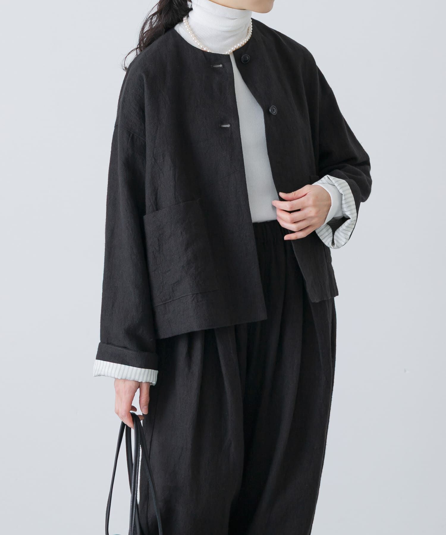 かぐれ「リネンラミーノーカラージャケット」|ノーカラージャケット|ブラック