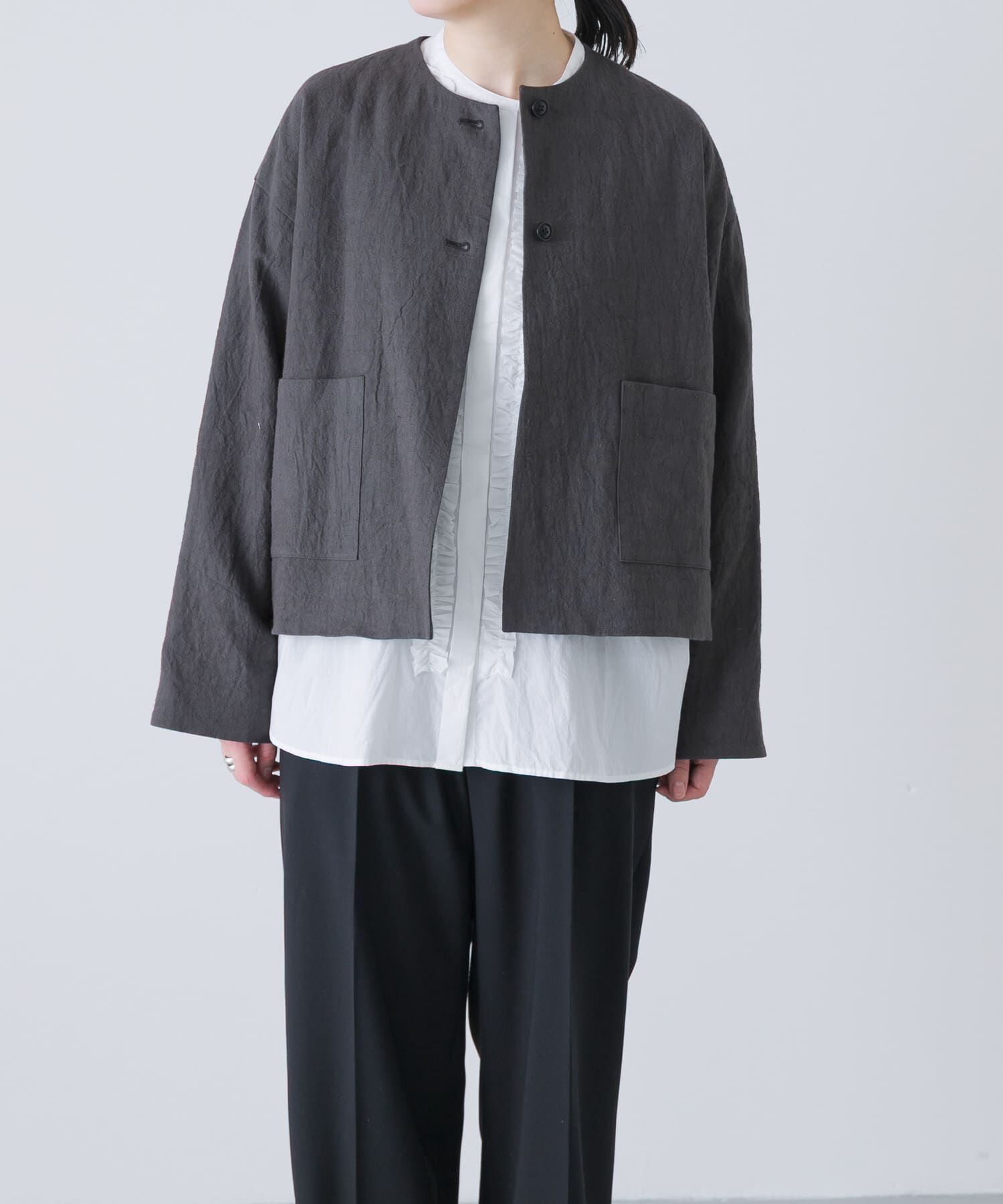 かぐれ「リネンラミーノーカラージャケット」|ノーカラージャケット|