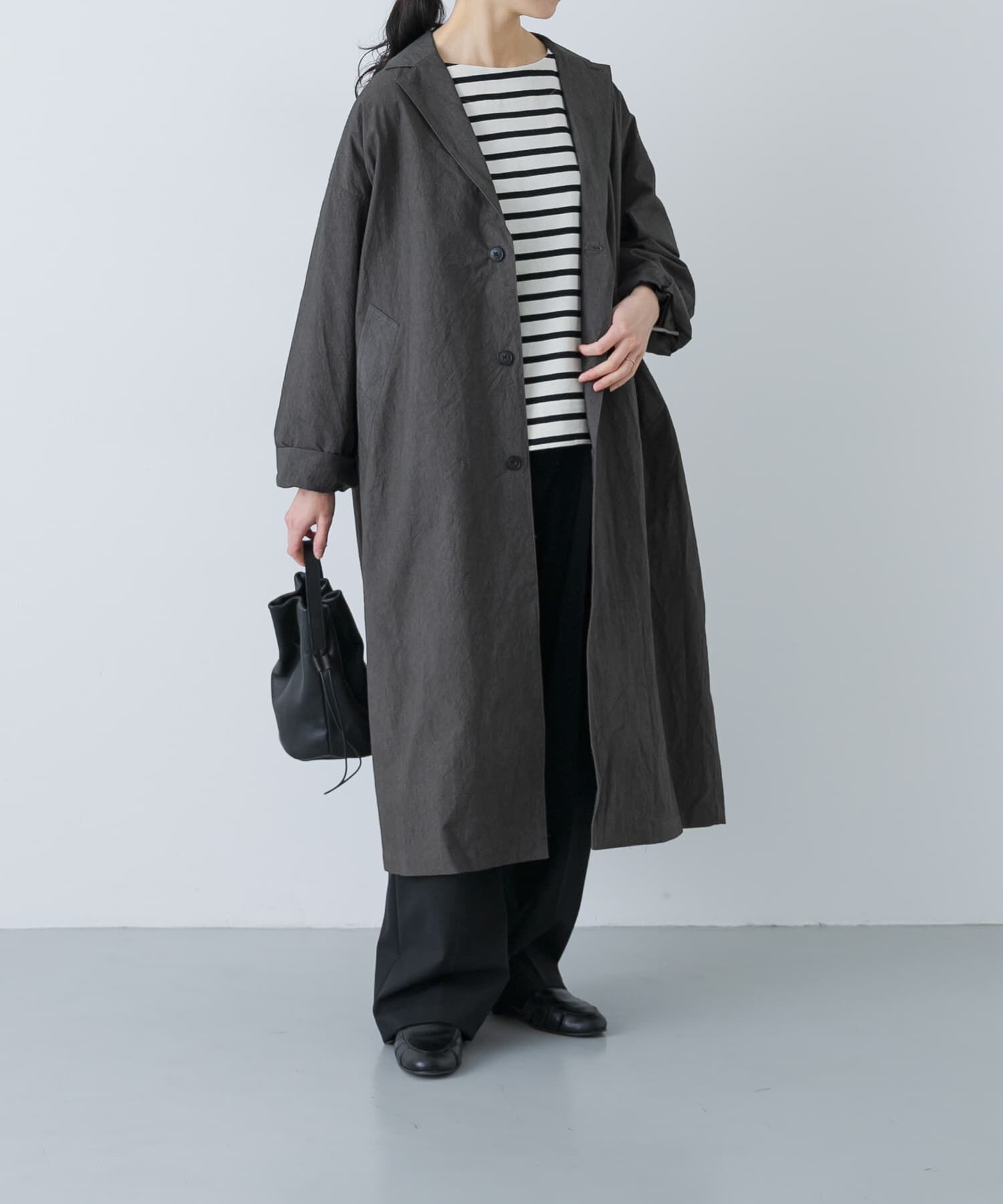 かぐれ「テーラードカラーショップコート」|ノーカラーコート|チャコールグレー