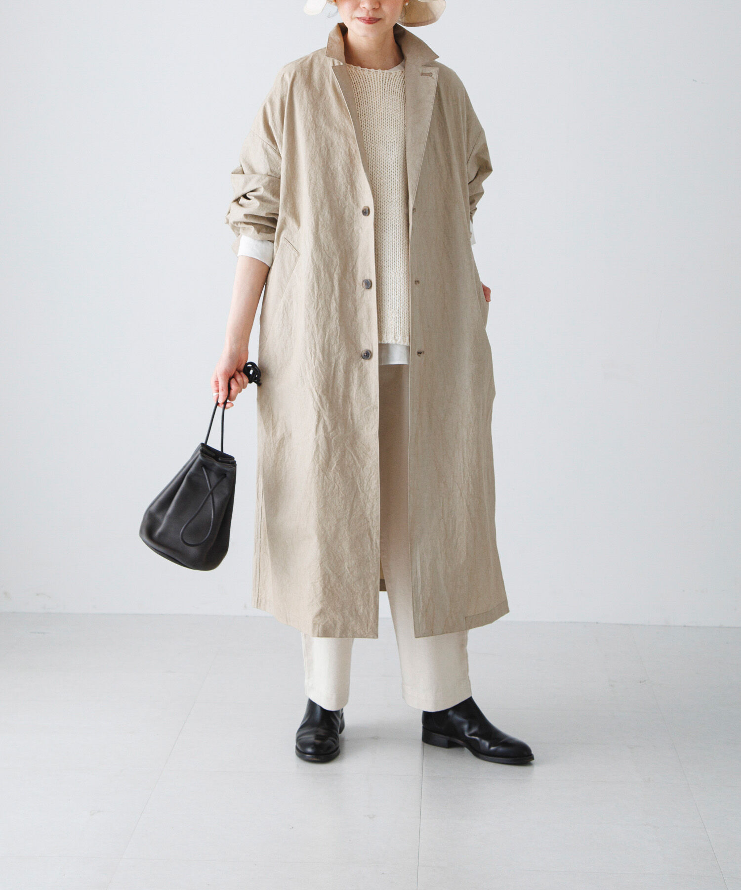かぐれ「テーラードカラーショップコート」|ノーカラーコート|ベージュ