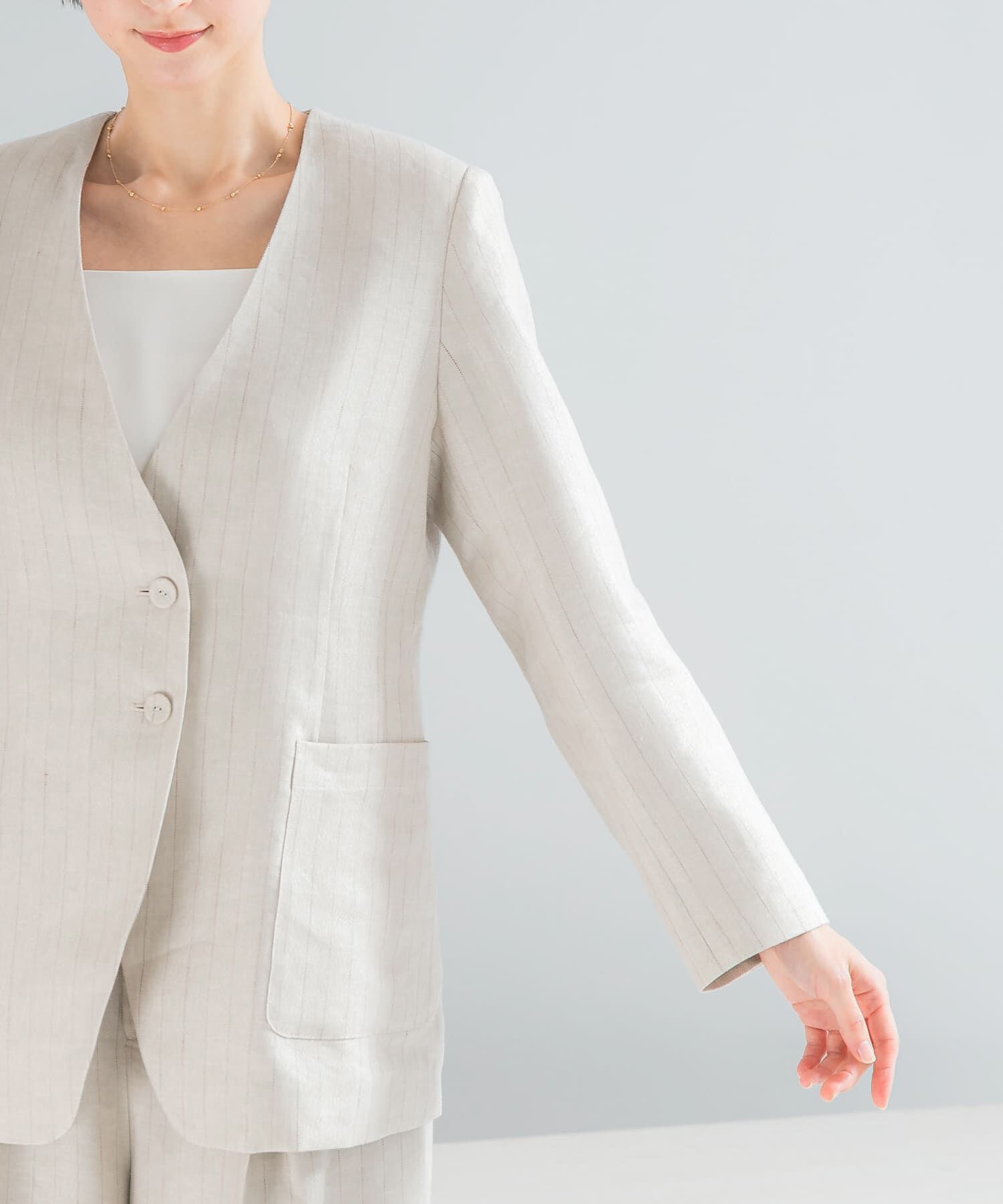 URBAN RESEARCH ROSSO「ラメリネンストライプノーカラージャケット」|ノーカラージャケット|