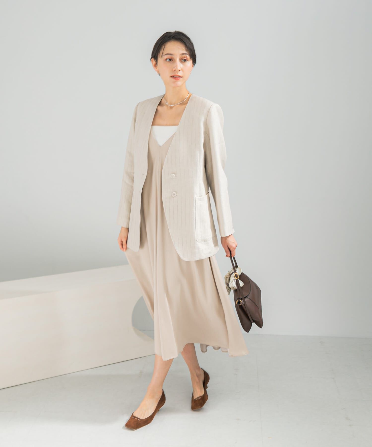 URBAN RESEARCH ROSSO「ラメリネンストライプノーカラージャケット」|ノーカラージャケット|