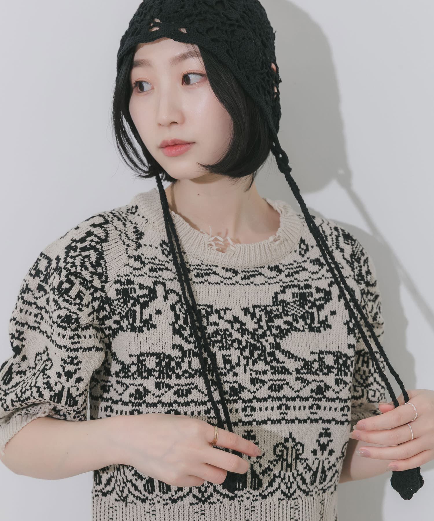 SMELLY「フラワーデザインボンネット」|ニット帽|