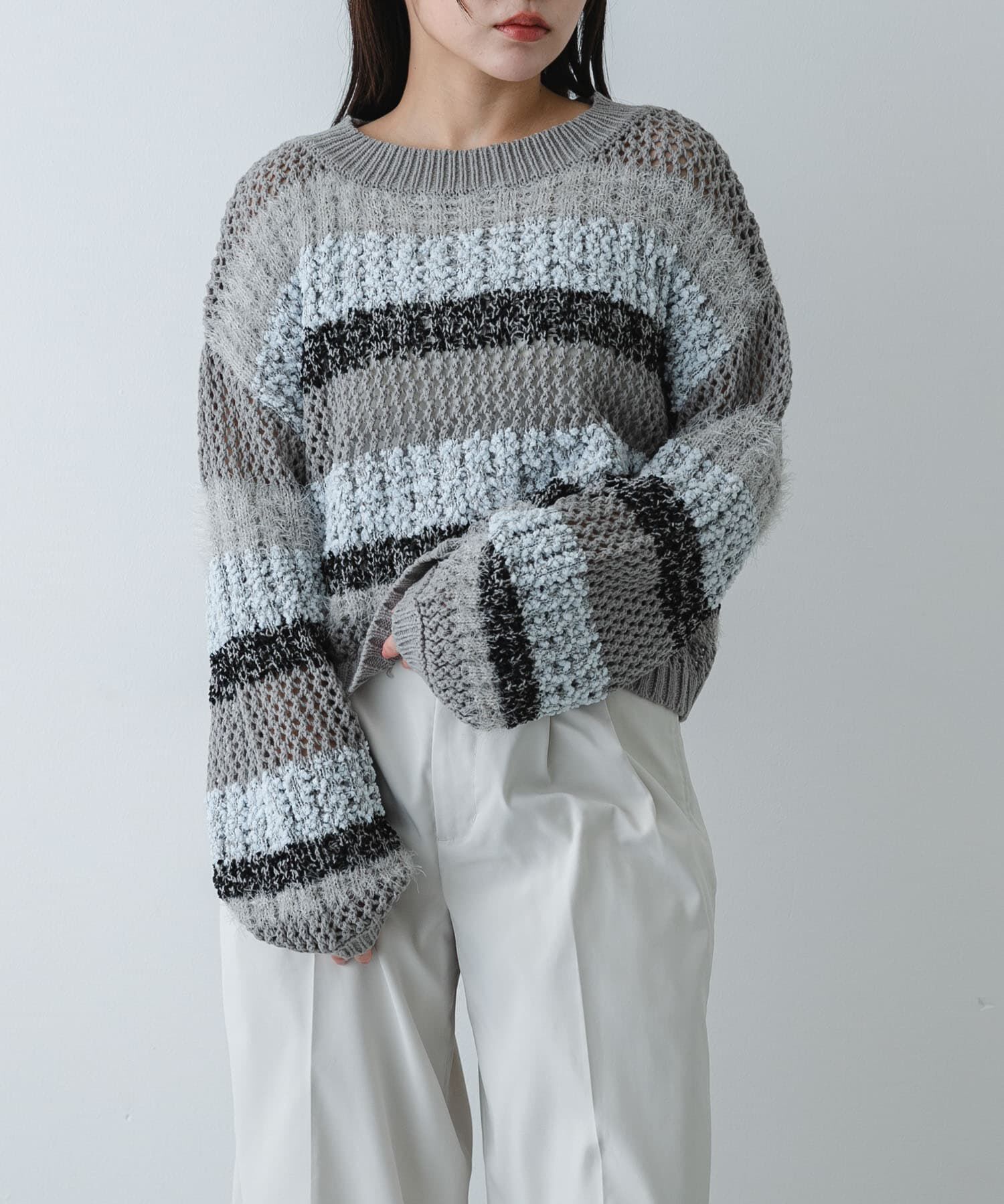 SENSE OF PLACE by URBAN RESEARCH「『洗濯可』ミックスヤーンワイドボーダーニット」|ニット・セーター|グレー系その他