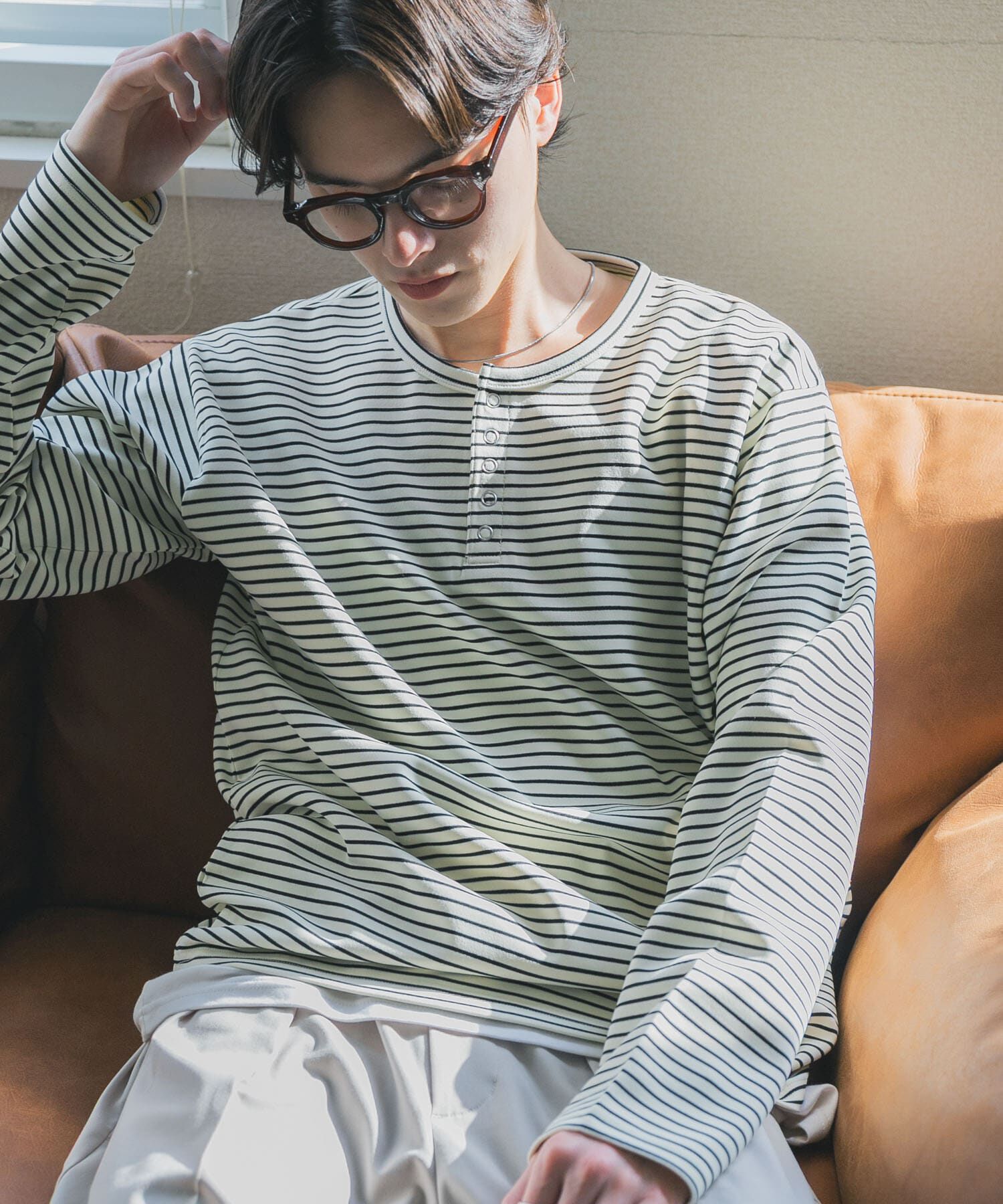 SENSE OF PLACE by URBAN RESEARCH「ボーダーヘンリーネックロングTシャツ」|Tシャツ・カットソー|ホワイト系その他