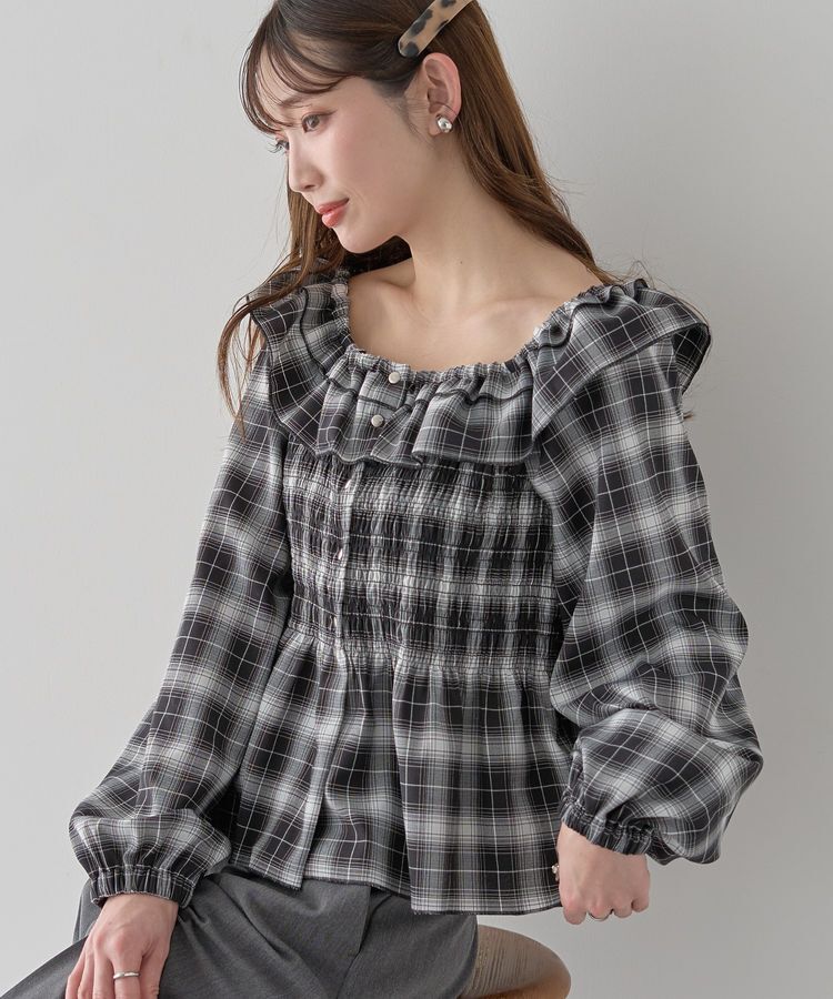 earth music&ecology「チェックシャーリングブラウス」|シャツ・ブラウス|Black