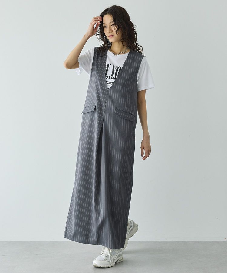 GARAGE OF GOOD CLOTHING「ストライプ深Vネックタックジャンパースカート」|ジャンパースカート|