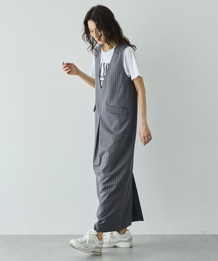 GARAGE OF GOOD CLOTHING「ストライプ深Vネックタックジャンパースカート」|ジャンパースカート|