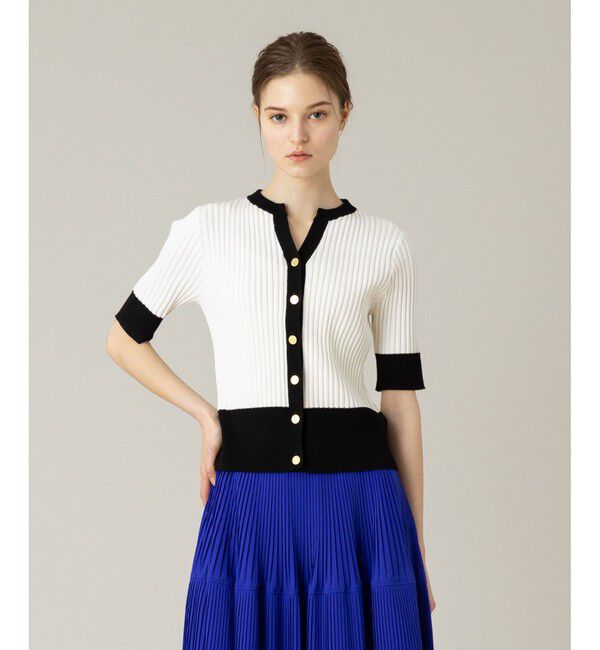 LOULOU WILLOUGHBY「【LOULOU WILLOUGHBY】バイカラーキーネック5分袖カーディガン」|カーディガン|