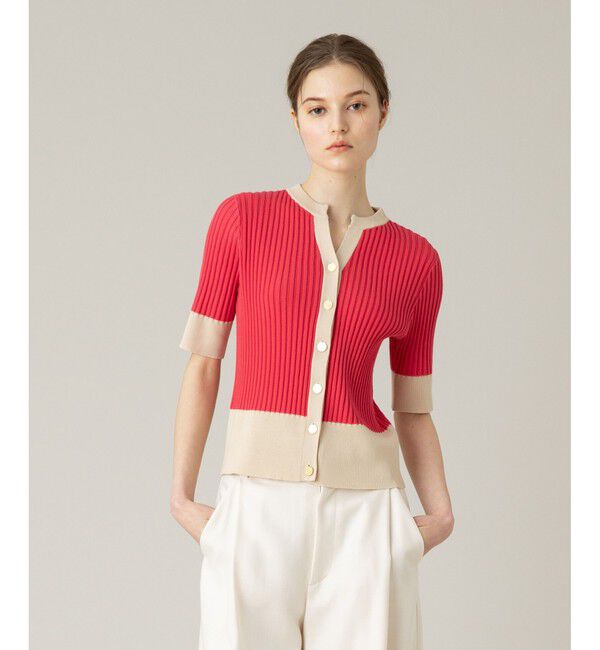 LOULOU WILLOUGHBY「【LOULOU WILLOUGHBY】バイカラーキーネック5分袖カーディガン」|カーディガン|レッド系