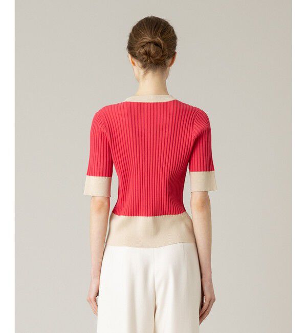 LOULOU WILLOUGHBY「【LOULOU WILLOUGHBY】バイカラーキーネック5分袖カーディガン」|カーディガン|