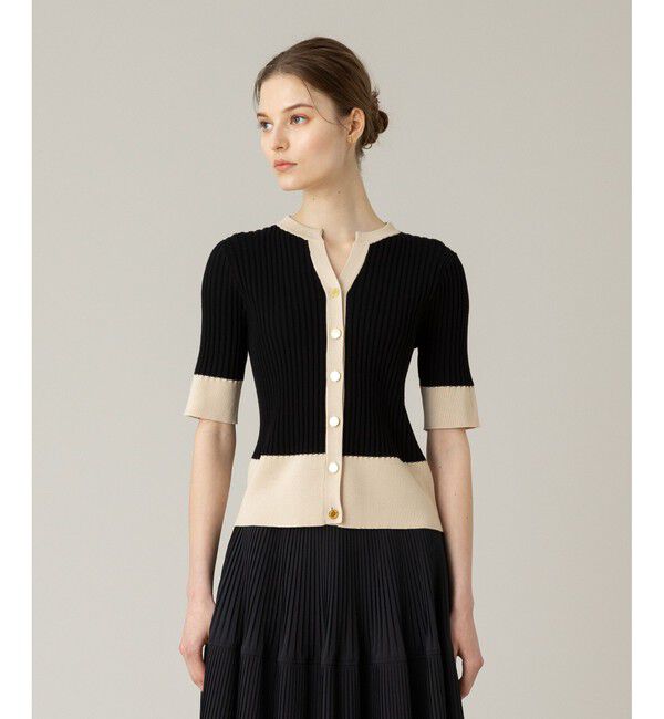LOULOU WILLOUGHBY「【LOULOU WILLOUGHBY】バイカラーキーネック5分袖カーディガン」|カーディガン|