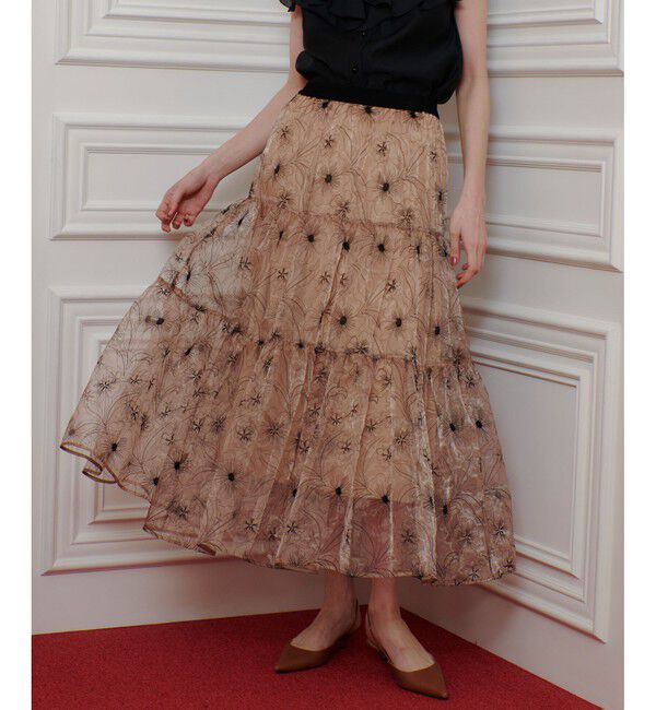 LOULOU WILLOUGHBY「【LOULOU WILLOUGHBY】オーガンジーフラワー刺繍スカート」|スカート|ベージュ