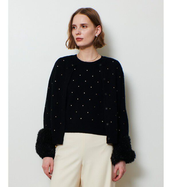 allureville「エンブロイダリードットフェイクファーカフスカーディガン」|カーディガン|