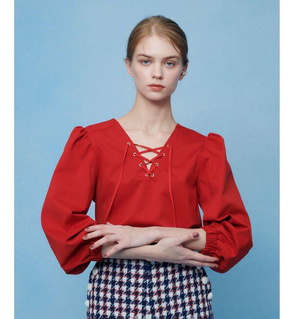 LOULOU WILLOUGHBY「【LOULOU WILLOUGHBY】モックロディレースアップマリンプルオーバー」|Tシャツ・カットソー|レッド