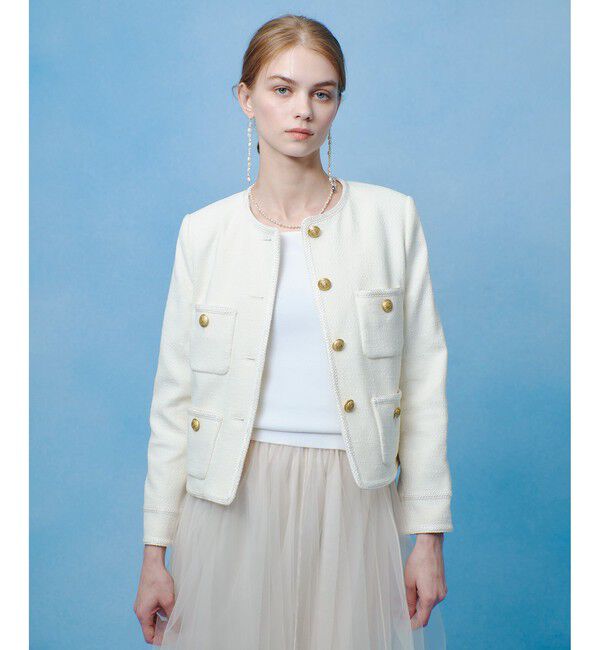 LOULOU WILLOUGHBY「【LOULOU WILLOUGHBY】ツイードツイルクルージャケット」|ノーカラージャケット|アイボリー