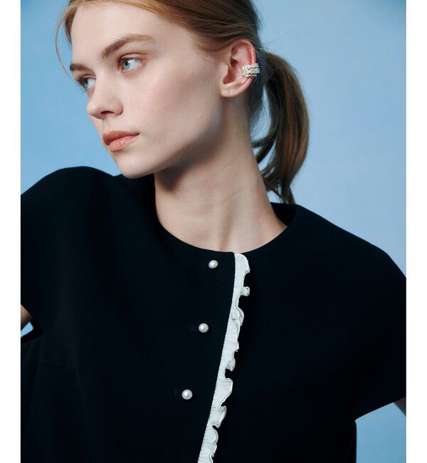 LOULOU WILLOUGHBY「【LOULOU WILLOUGHBY】ダブルクロスフリルジャケット」|ノーカラージャケット|ブラック