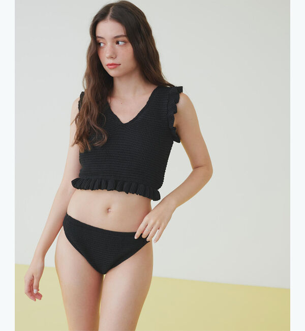 SEA DRESS「Vネックタンクトップフリルクロシェビキニ/水着」|ビキニ|ブラック