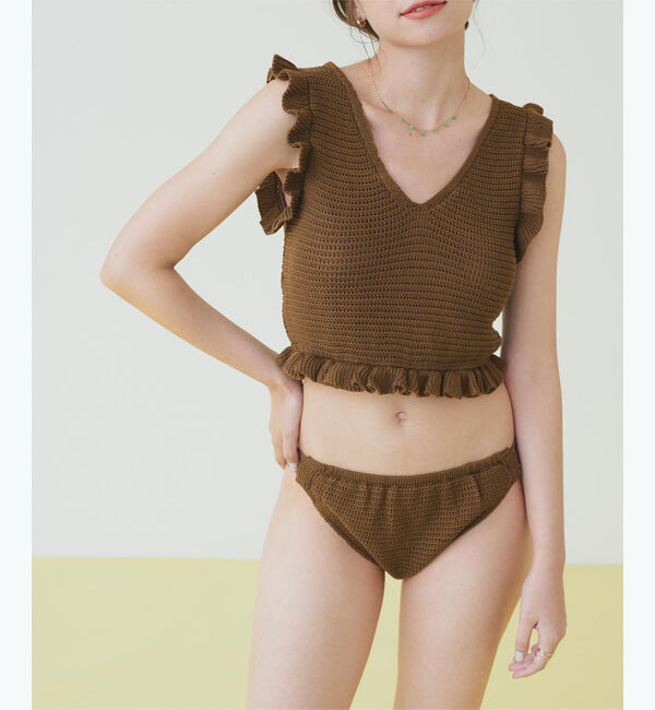 SEA DRESS「Vネックタンクトップフリルクロシェビキニ/水着」|ビキニ|ブラウン