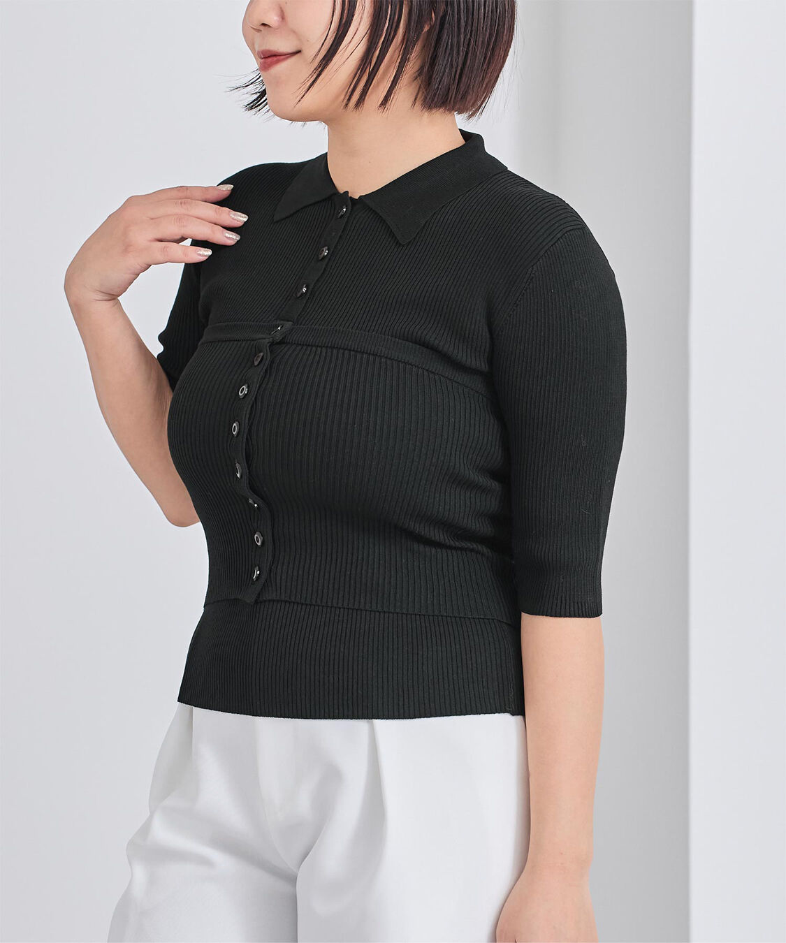 ur's「リブニットポロ&times;ビスチェセット」|ポロシャツ|ブラック