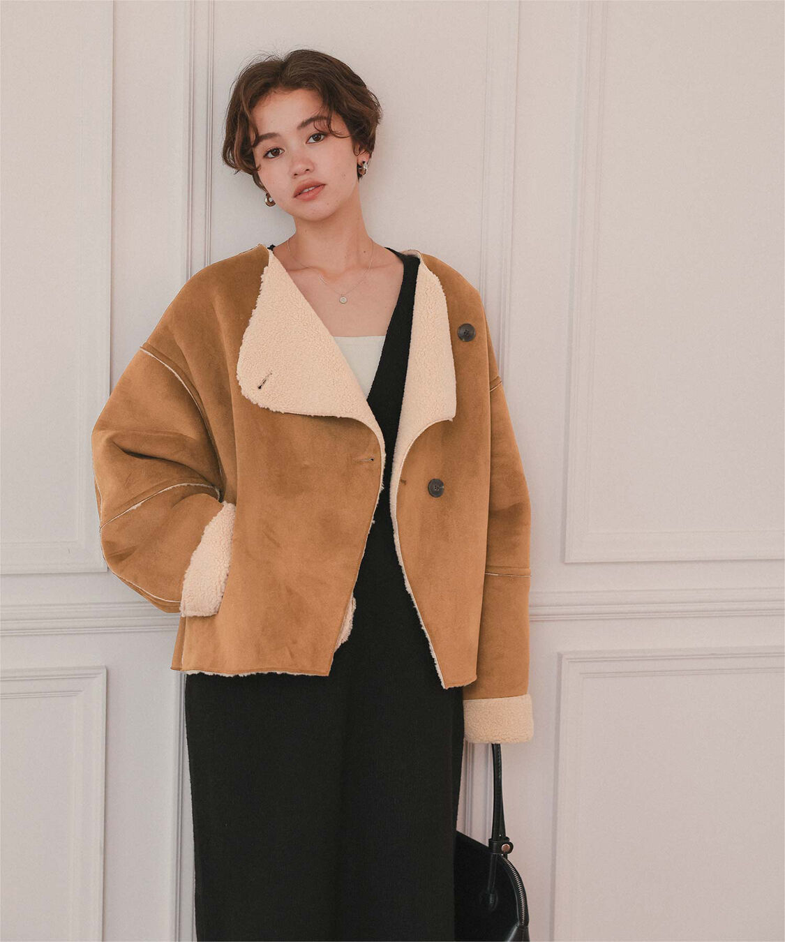 titivate「フェイクムートンノーカラージャケット」|ノーカラーコート|