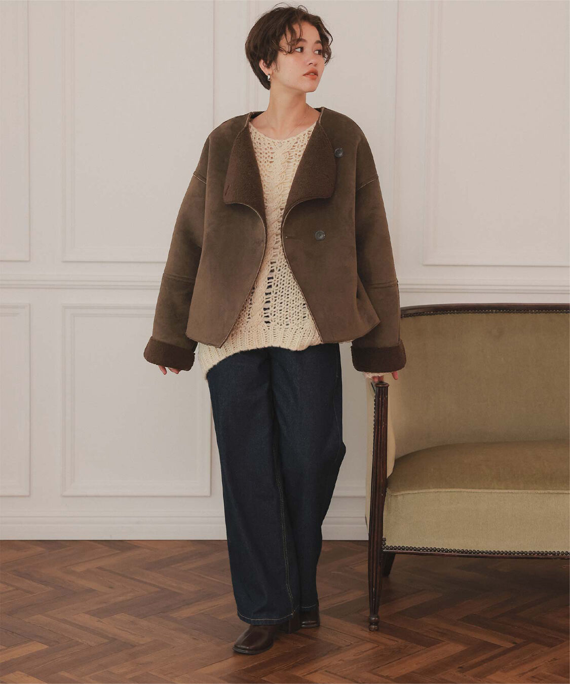 titivate「フェイクムートンノーカラージャケット」|ノーカラーコート|