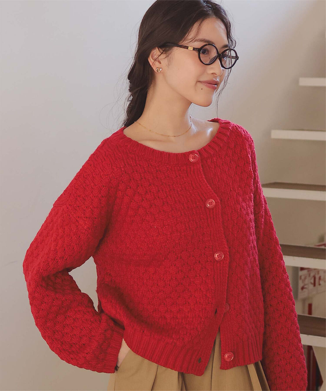 titivate「ポップコーンニットカーディガン」|カーディガン|レッド