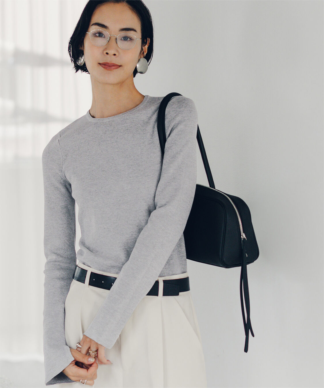 ur's「【小林有里さんコラボアイテム】袖スリットクルーネックニット」|ニット・セーター|グレー