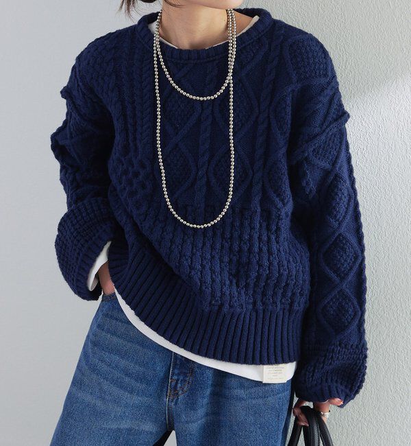  「ミックスケーブルニットプルオーバー」|ニット・セーター|ネイビー