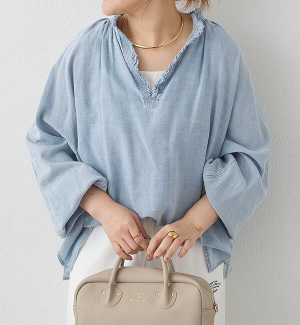  「襟元フリルシアーデニムブラウス」|シャツ・ブラウス|