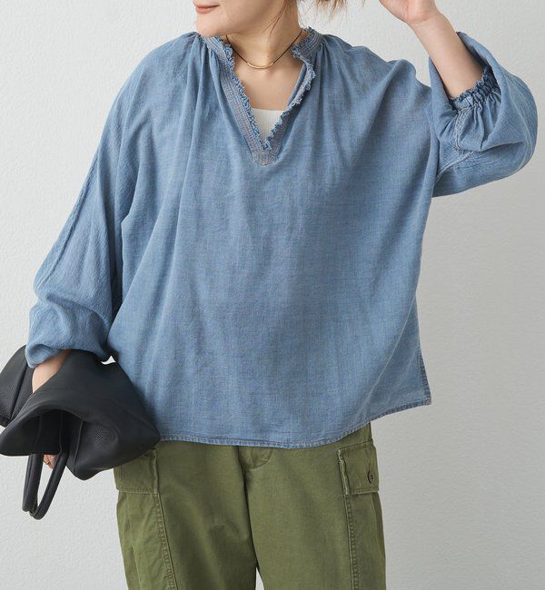  「襟元フリルシアーデニムブラウス」|シャツ・ブラウス|