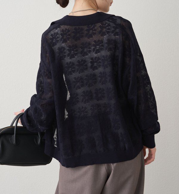  「透かし編み花柄ジャガード襟付カーディガン」|ニット・セーター|