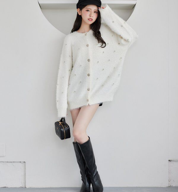 「ビジューフェザーロングカーデ」|ニット・セーター|
