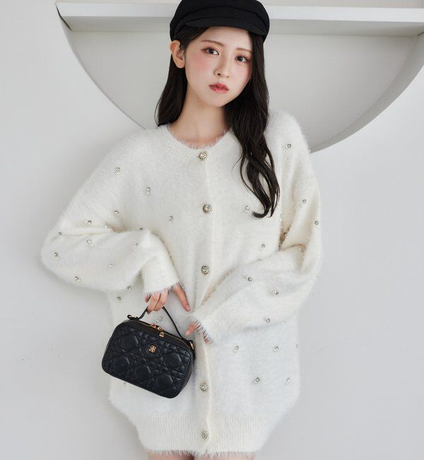  「ビジューフェザーロングカーデ」|ニット・セーター|