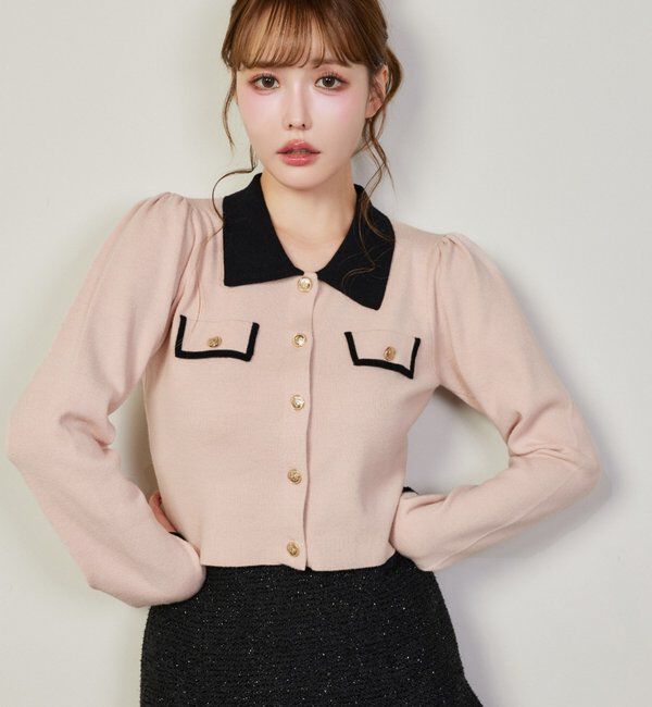  「金ボタン配色衿ニット」|ニット・セーター|ピンク