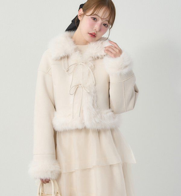  「【リボン取り外し可能】フェイクムートンリボンアウター」|ダウンベスト・ベスト|