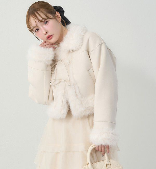  「【リボン取り外し可能】フェイクムートンリボンアウター」|ダウンベスト・ベスト|
