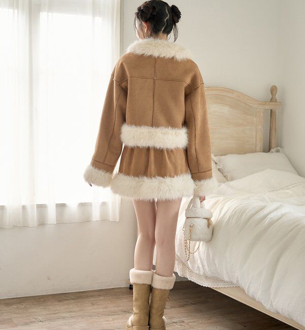  「【リボン取り外し可能】フェイクムートンリボンアウター」|ダウンベスト・ベスト|