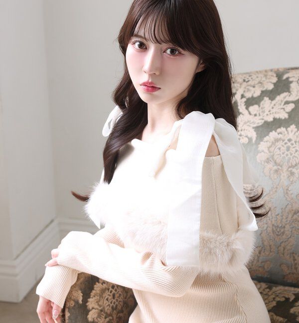  「リボン取り外し可能オフショルファーニットワンピース」|ワンピース|