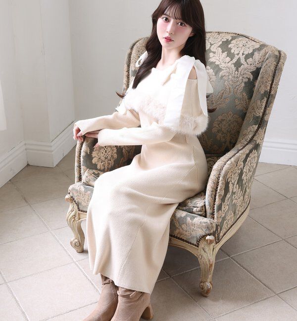  「リボン取り外し可能オフショルファーニットワンピース」|ワンピース|