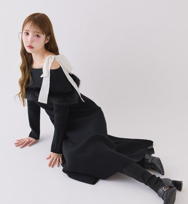  「リボン取り外し可能オフショルファーニットワンピース」|ワンピース|