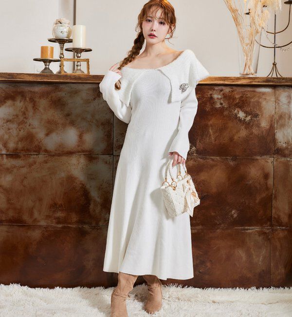  「ブローチ付きニットワンピース」|ワンピース|